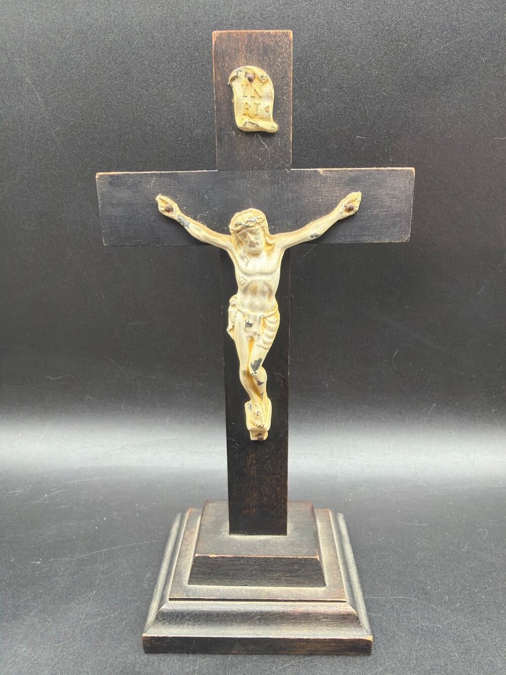 Vintage Standing Wood Crucifix Painted Metal Jesus Corpus INRI Catholic Cross